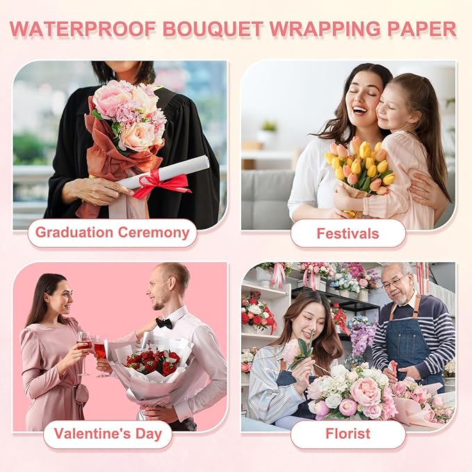 YELARXI Flower Wrapping Paper, Cotton Wrapping Flower Paper, Non-Woven Waterproof Floral Bouquet Wraps - Fitting for (Florist Supplies/Gift) 11.8 x 11.8 Inch & 38 Pack & Lotus Pink