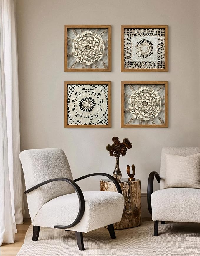 FOLKOR Framed Wall Art for Modern Home Office Apartment, 12" 3D Starburst Shadow Box Wall Accent for Rustic Farmhouse Living Room Bedroom Classroom, Natural Geometric Hanging Artwork Panel