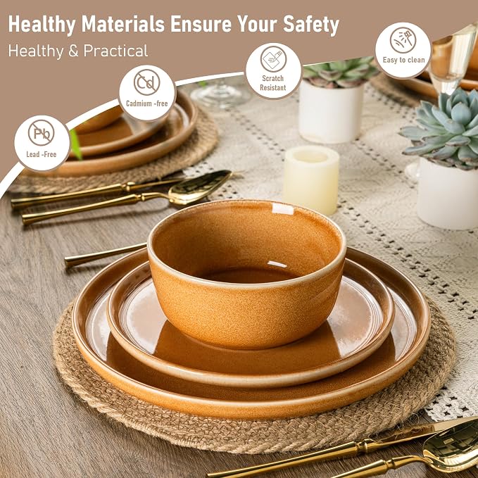 GBHOME Ceramic Dinnerware Sets for 4, 12 Pieces Stoneware Plates and Bowls Sets, Scratch Resistant Dishes, Dishwasher & Microwave Safe, Reactive Glaze-Amber