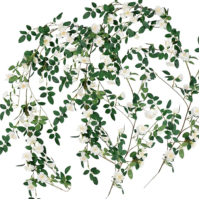 FiveSeasonStuff Bendable Shabby Chic White Flower Garlands, Artificial Silk Wild Roses Vine Leaves Hanging Flowers for Wall Decoration Basket Trellis Wedding Home 2 Pack 12 ft