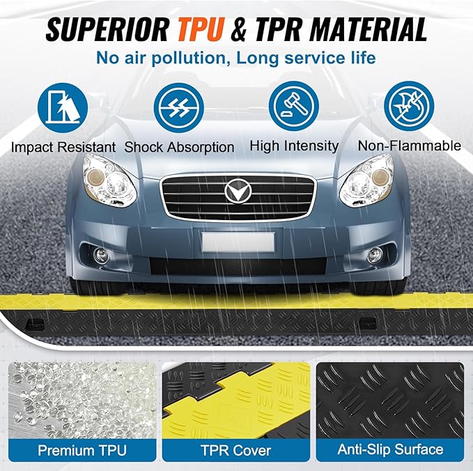 VEVOR 5 PCs TPU Cable Protector Ramp - Heavy Duty 2-Channel Speed Bumps for Road, Odor-Free Eco-Friendly TPU with TPR Cover, for Driveway, Hose, Floor Cord Cover, 22,000 lbs/Axle Capacity