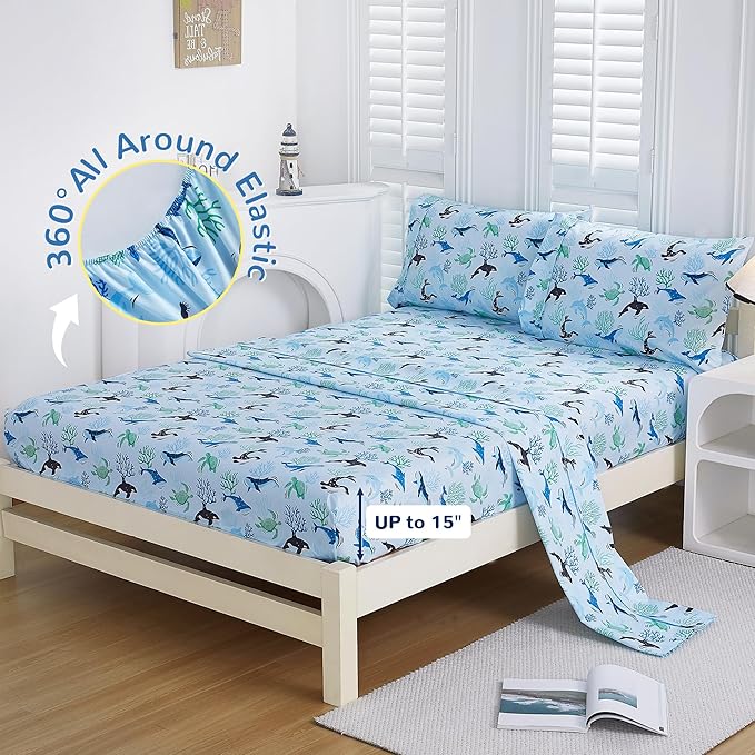 Viviland 3 Pieces Boys Blue Ocean Twin Sheet Set - Soft Microfiber Fitted Flat Sheets & Pillowcase - Blue Ocean Whales, Sea Turtles, Marine Organisms Bedding Sets - for Kids & Toddlers