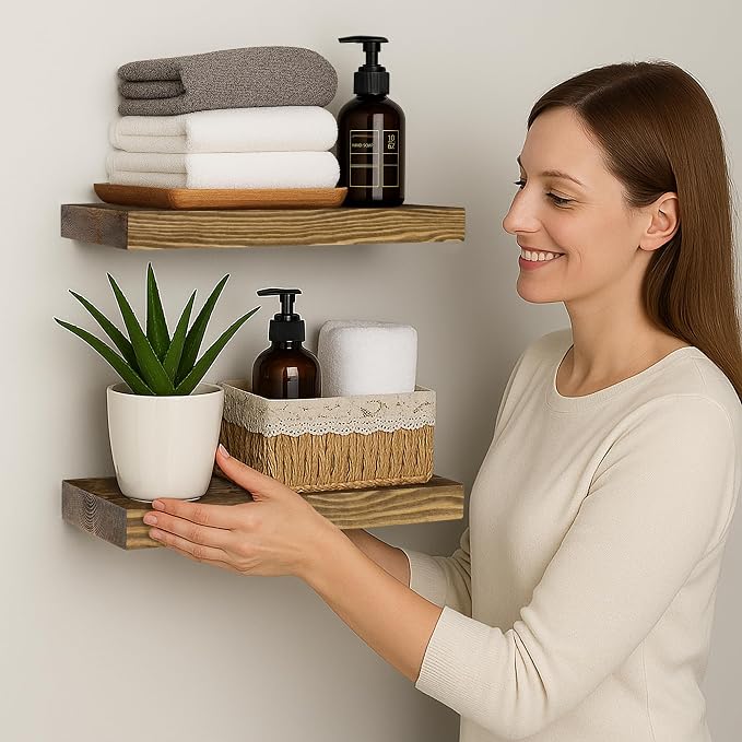 BGMG Wood Floating Shelves for wall 12 inch Set of 2, Rustic Wooden Wall Mount Shelves for Bathroom Living Room Bedroom Kitchen Farmhouse -12x6.7- Walnut Color