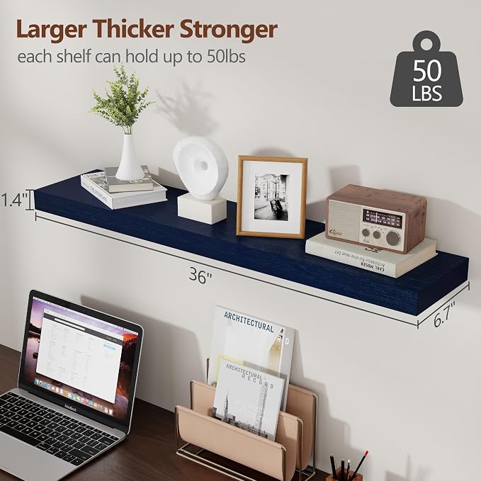 fuqing Dark Blue Floating Shelves 36 Inch, Solid Wooden Wall Shelves Set of 2, Rustic Floating Wall Shelves for Decor & Storage for Living Room Bedroom Bathroom