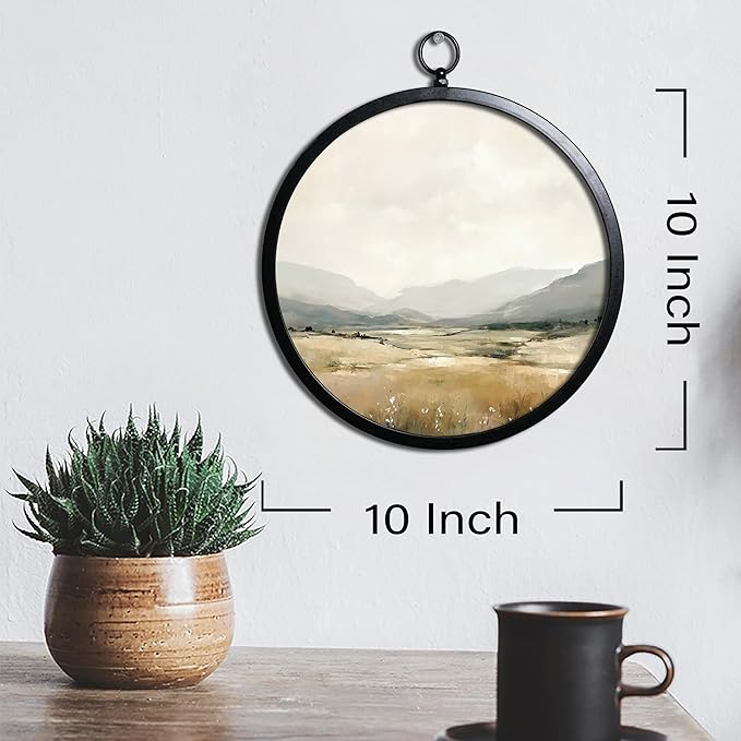 XIAOAIKA Vintage Wall Art with Metal Frame, Round Wood Print Featuring Misty Mountain View, Boho Wall Decor for Living Room, Bedroom, Kitchen, 10 Inch