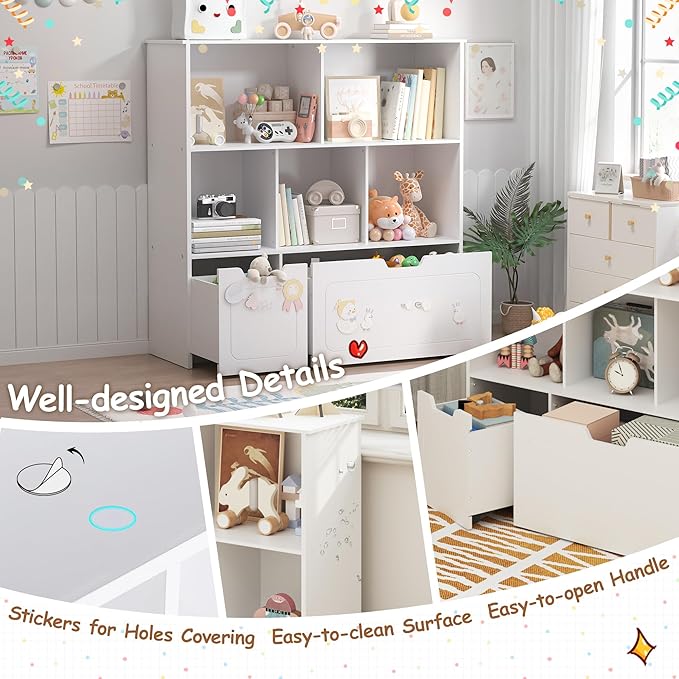 Toy Storage Organizer with 2 Movable Drawers, 3-Shelf Kids Bookcase Children's Toy Chest Cabinet for Playroom Bedroom Daycare Nursery School, 5 Cubes Montessori Bookshelf