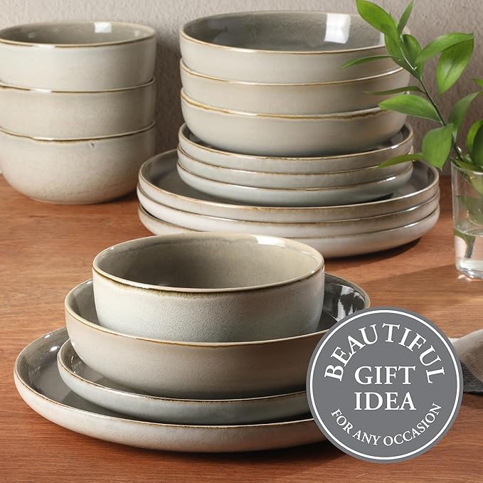 Gibson Elite Sunveil 16 Piece (Service for 4) Plates and Bowls Reactive Glaze Round Dishes Stoneware Ceramic Dinnerware Set - Light Taupe