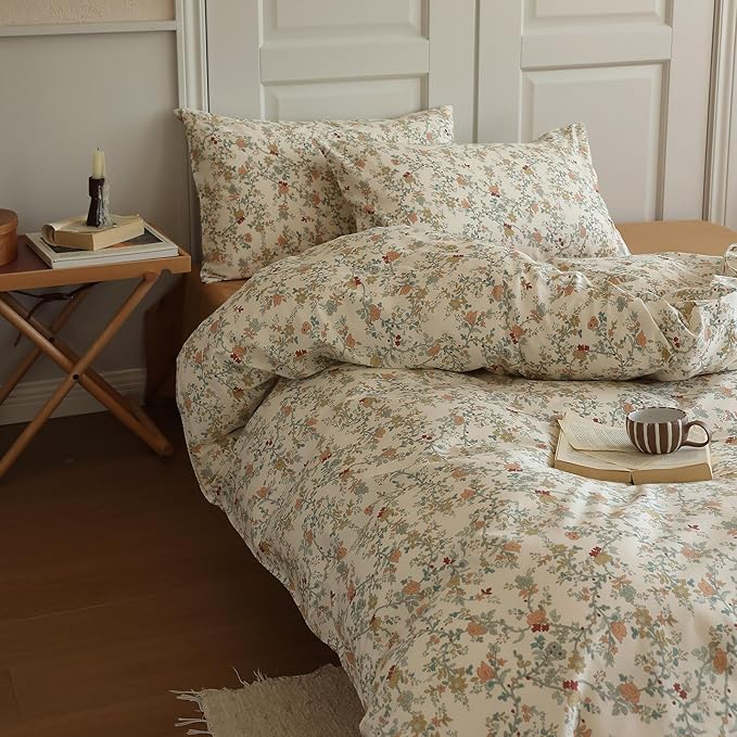 LifeTB Vintage Flower Duvet Cover Set Twin 100% Cotton Botanical Floral Duvet Cover Chic Branches Floral Bedding Set Flower Blossom Comfoter Cover with Zipper Ties Cottagecore Bedding Set