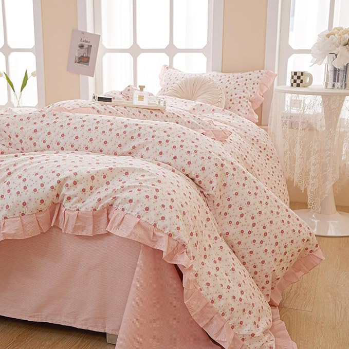 Garden Pink Floral Comforter Set Twin XL French Style Girls Flowers Comforter Fluffy Soft Chic Floral Bedding Set Vintage Botanical Ruffled Comforter with 2 Pillowcases Pink Flower Lace Comforter Set