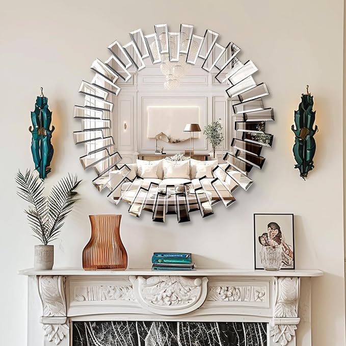 QDSSDECO Round Mirror Sunburst Wall Mirror 31.5" Beveled Edge Frameless for Living Room Bathroom Bedroom Entryway Decor