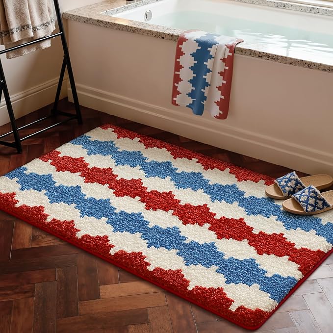 LUMI Bathroom Rugs with Wave, Soft Absorbent Bath Mat for Modern Home Decor, Non-Slip Quick-Dry Bath Rug, Machine Washable Floor Mat for Shower and Tub, Entryway, 20"x32", Azure Wave