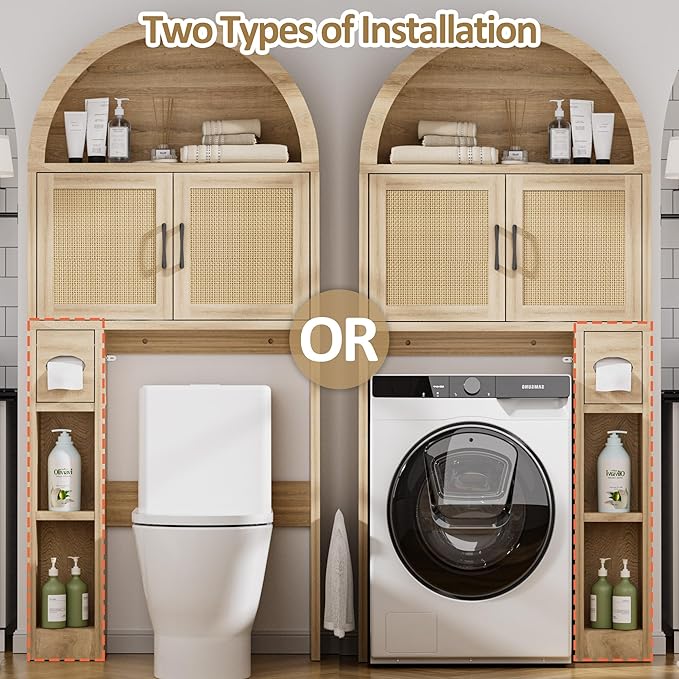 Spurgehom Over The Toilet Storage Cabinet, Bathroom Shelf Organizer Freestanding, Bathroom Arch Cabinet Over Toilet with Toilet Paper Holder and Anti-Tipping Device (Wood & Wicker Door)