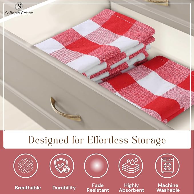 Red Buffalo Plaid Checked Dish Towels 4 Pack, 100% Cotton, 16x26 Inches, Super Absorbent, Quick Drying, Soft, Lint-Free, Durable Tea & Bar Towels with Hanging Loop, Grey and White