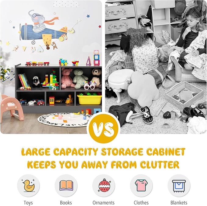 KOTEK Toy Storage Organizer, 5 Cubby Kids Bookshelf, Wooden 3-Tier Bookcase Storage Cabinet, Open Display Book Shelf for Daycare, Nursery, School Classroom, Playroom & Living Room (Grey, 5 Cubes)