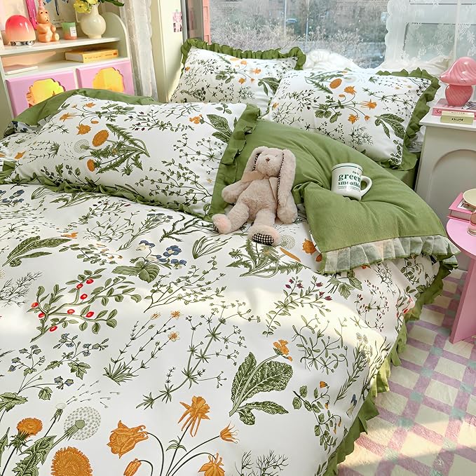 Botanical Floral Duvet Cover with Green Ruffle 100% Cotton Vibrant Flower Duvet Cover Twin XL Girls Princess Romantic Lace Comforter Cover Coquette Flower Bedding Set Floral Comforter Cover Twin XL