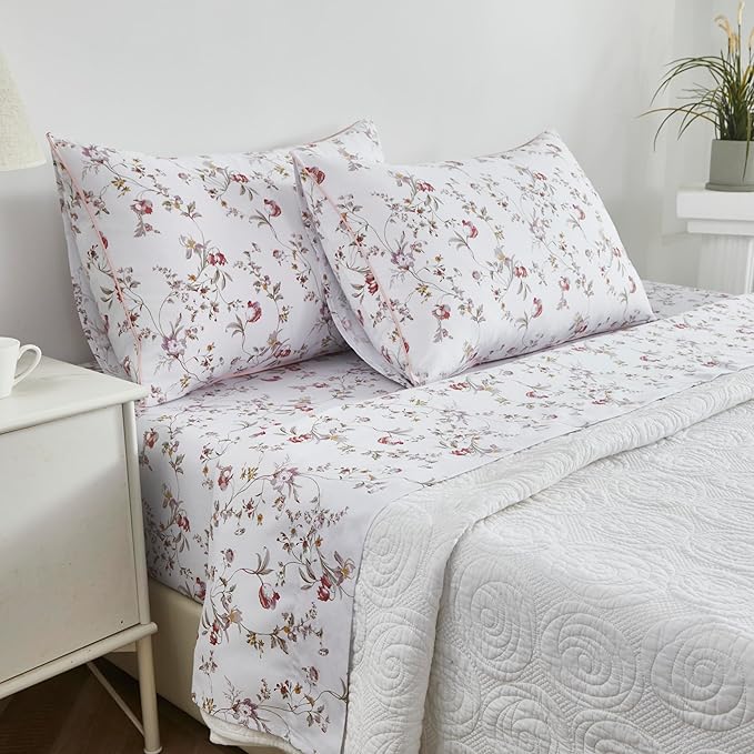 FADFAY Floral Sheets Set Twin XL Rustic Pink Floral College Bedding Ditsy Botanical Dorm Sheets Vintage Branches Bedding 100% Egyptian Cotton Sets with Deep Pocket Fitted Sheet 4Pcs, Twin XL Size