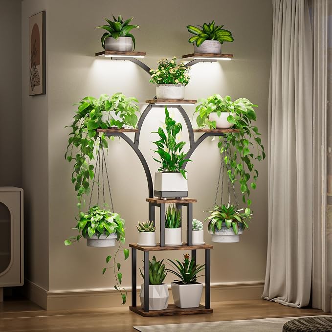 Elbourn 8 Tiered 60" Plant Stand Indoor Shelf with 3 Grow Lights (Brown) | Corner Shelf Decor