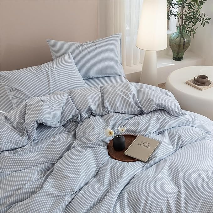 JIYUAN 100% Washed Cotton Striped Duvet Cover Set 3 Pieces Queen, 1 Duvet Cover and 2 Pillowcases(Comforter Not Included),Linen Like Comfy and Breathable,Pinstripes - Heathered Cornflower Blue White