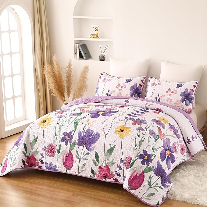 Anibedding Purple Quilt Set Full, Floral Pattern Microfiber Bedspreads Full Size 3 Pieces Lightweight Reversible Bedding Set with 2 Pillowcases(78"x90")