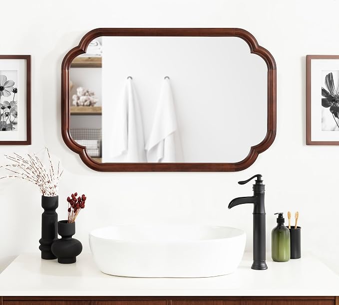 Kate and Laurel Glenby Traditional Scalloped Wall Mirror, 24 x 36, Walnut Brown, Wooden Farmhouse Bathroom Mirror with Rounded and Stepped Frame Profile