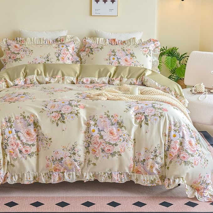 Ruffle Floral Duvet Cover Set 100% Cotton King Size, Shabby Blush Pink Cream Rose Comforter Cover, Satin Weave, Soft & Breathable, French Country Cottagecore Bedding 3Pcs-Not Comforter