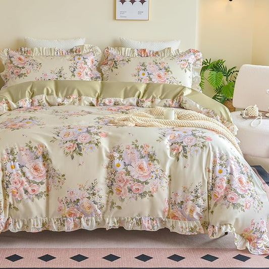 Ruffle Floral Duvet Cover Set 100% Cotton King Size, Shabby Blush Pink Cream Rose Comforter Cover, Satin Weave, Soft & Breathable, French Country Cottagecore Bedding 3Pcs-Not Comforter