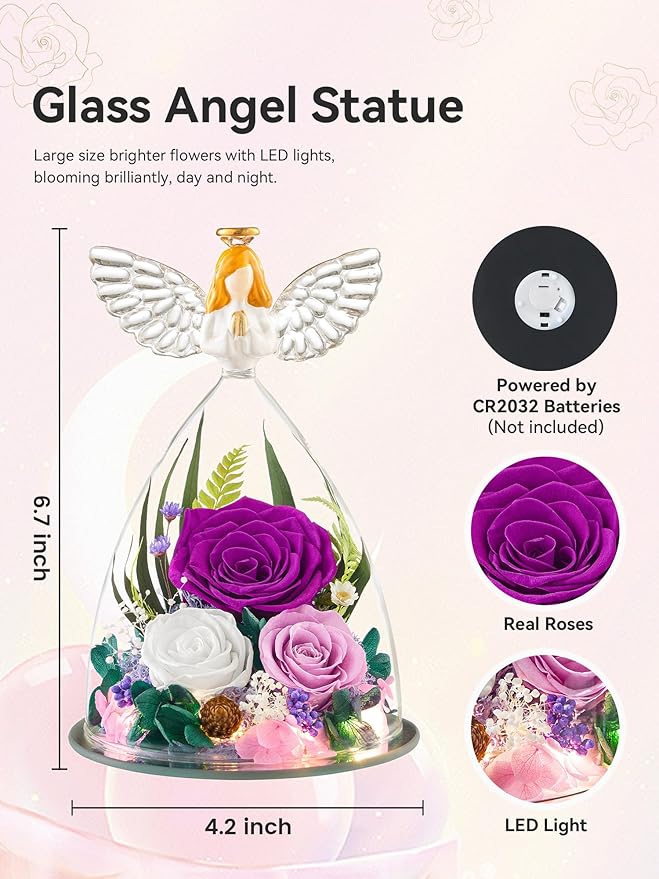 Gifts for Women Forever Flowers Preserved Rose in Glass Angel Figurine Real Colorful Roses Birthday Gifts for Her Grandma Sister Daughter Wife, Purple
