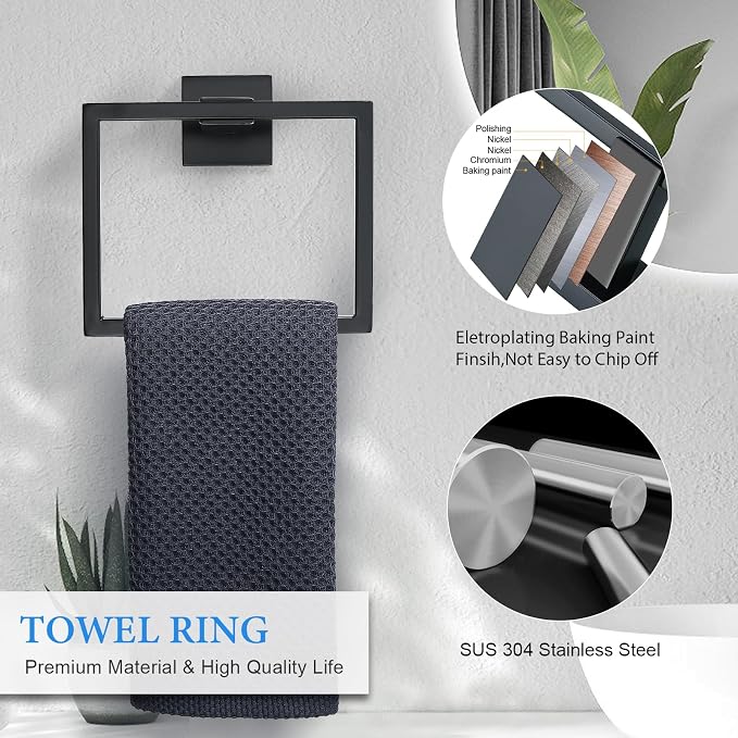 6-Piece Black Bathroom Hardware Set 23.6 Inch Towel Bar Set Double Towel Bar Towel Ring Coat Hook and Toilet Paper Holder with Shelf Wall Mounted Stainless Steel Bathroom Accessories Set