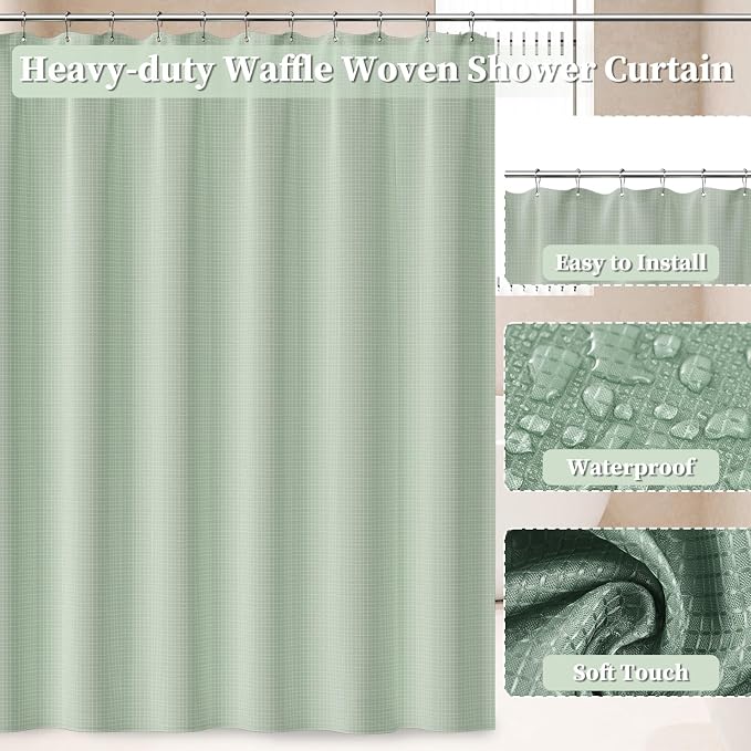 Bathroom Accessories Set, 25PCS Wicker Bathroom Accessory Set with Shower Curtain, Bath Mat, Soap Dispenser, Handwoven Trash Can & Rattan Tissue Box ((Sage Green, Bath Set+Shower Curtain+Rugs)