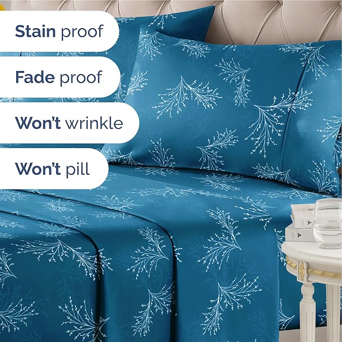 Floral Sheets - Blue & White Floral Bed Sheet Set - 1 Flat, 1 Fitted & 2 Pillowcases w/ Deep Pockets - Wrinkle & Fade Free - Boho Botanical Bedding - Ultra-Soft, Breathable & Cooling - King Size Set