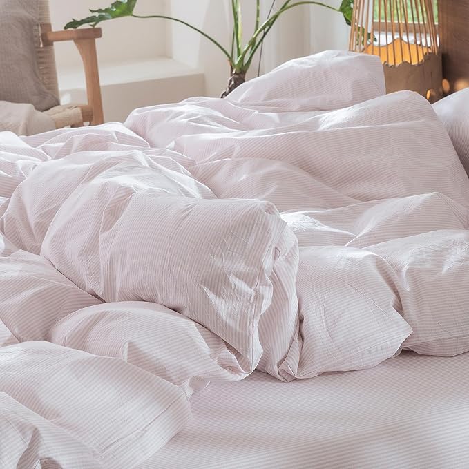 MooMee Striped Duvet Cover Set 100% Washed Cotton Linen Like Textured Breathable Durable Soft Comfy (Heathered Greyish Pink Pinstripes, King 104"x90")