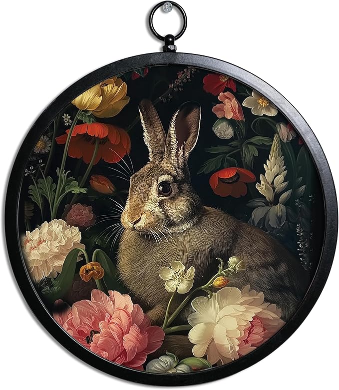 XIAOAIKA Vintage Wall Art with Metal Frame, Round Wood Print Featuring Rabbit Among Flowers, Boho Wall Decor for Living Room, Bedroom, Kitchen, Hallway, 10 Inch