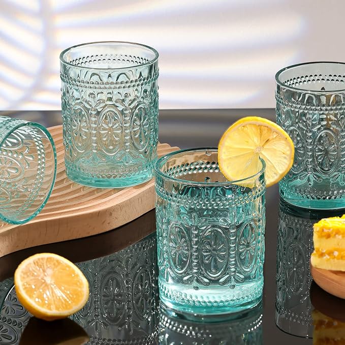 Darlion 6 Pack Green Vintage Glassware Set, 10oz Textured Embossed Drinking Glasses, Colored Water Glasses, Green Glass Cups for Juice, Cocktails, Beer, Iced Tea, Soda