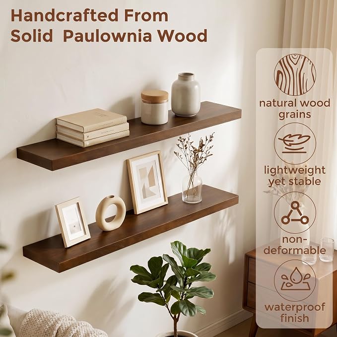 fuqing 40 Inch Floating Shelves | 6.7 Inch Deep Dark Wood Floating Shelves for Wall Set of 2 | 40''W x 6.7''D x 1.4''H Dark Wood Shelves for Living Room Bathroom Bedroom Kitchen Home Office