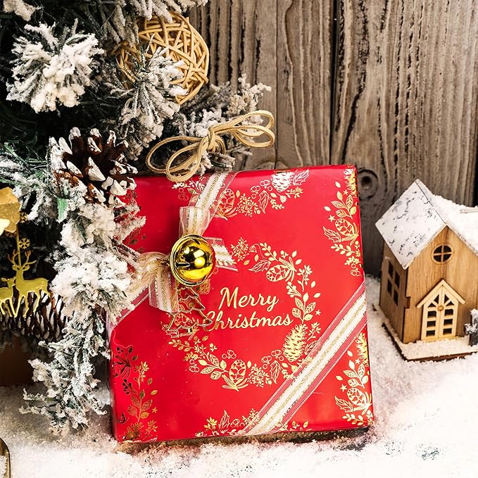 LeZakaa Red Gold Christmas Wrapping Paper Mini Roll, Christmas Tree Buffalo Plaid, Holly Jolly, Wreath Metallic Foil Holiday Gift Wrap, Arts Craft, for Xmas Winter Party, 17 x 120 inches, 3 Rolls