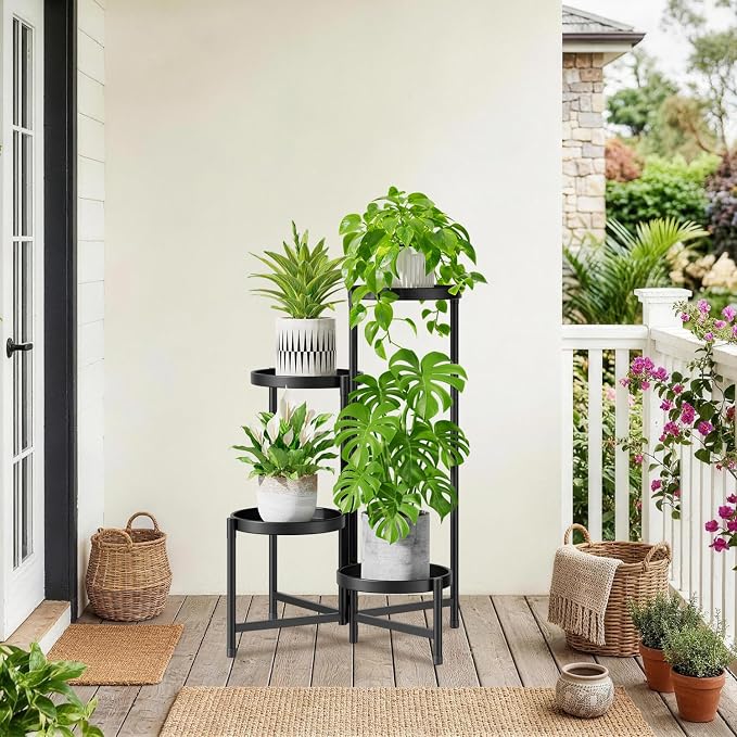 iDavosic.ly 4 Tier Large Plant Stand Indoor with 10 Inch Wide Tray, Tiered Corner Metal Outdoor Flower Display Holder Shelf, Folding Tall Rack for Patio Porch Living Room, Modern Black