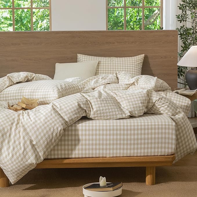 MooMee Gingham Duvet Cover Set 100% Washed Cotton Linen Like Textured Breathable Durable Soft Comfy Modern Checkered Design (Almond Milk Grey Gingham, Twin 68"x90")