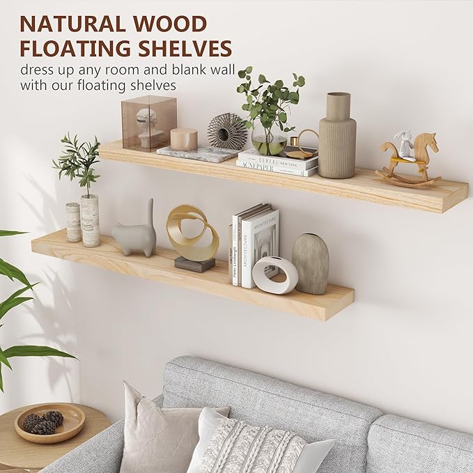 fuqing Natural Wood Floating Shelves, 48 Inch Wood Floating Shelves Set of 2, Natural Raw Wood Shelves for Living Room Bedroom Home Office - Natural