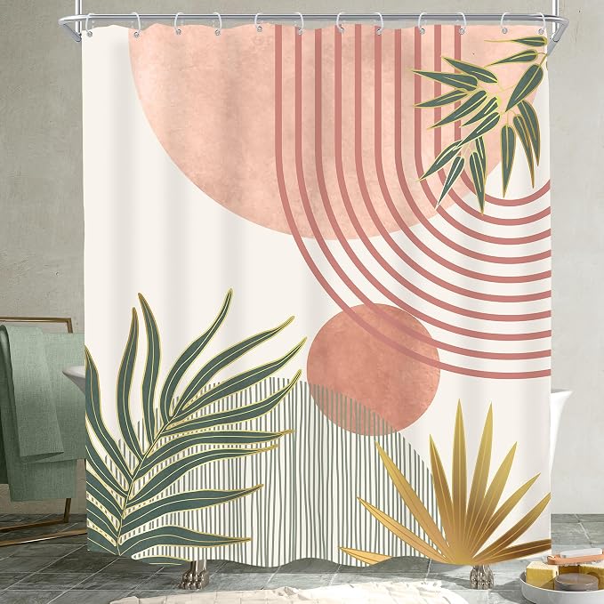 KOMLLEX Mid Century Pink Green Boho Shower Curtain 60Wx72L Inches Abstract Modern Shower Curtains for Bathroom Orange Gold Botanical Minimalist Arch Sun Fabric Liner Waterproof Polyester 12 Pack Hooks