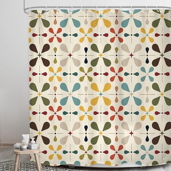 Boho Mid Century Shower Curtain Bathroom Set 71Wx71H Inches Modern Abstract Bohemian Vintage Colourful Geometric Retro Bath Accessories Water Drop Art Home Decor Fabric 12 Pack Hooks