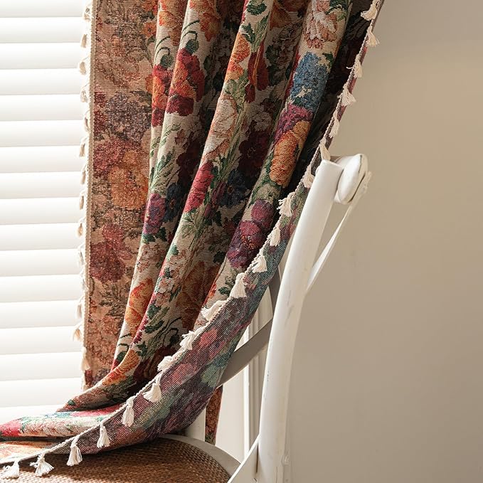 ENJOYBRIDAL Floral Curtains 84 Inches Long Semi Sheer Floor Length Drapes Bedroom Rod Pocket Jacquard 2 Panels Window Curtains Farmhouse Boho Tassel Patterned Living Room Botanical Window Treatments