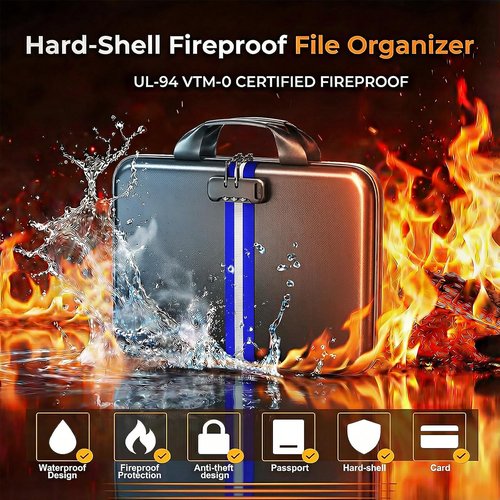 Fireproof Accordion File Organizer - Hard-Shell Document Box with 13 Pockets for Secure Storage