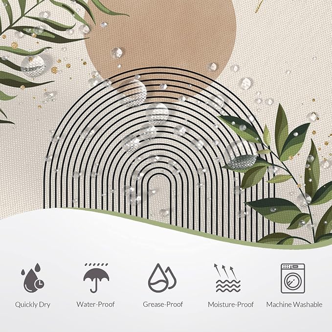 Boho Mid Century Shower Curtain, Brown Modern Minimalist Abstract Geometric Green Gold Plant Leaves Sun Arch Bathroom Curtains Waterproof Fabric Buthtub Curtain Set with Hooks 48" Wx72 L