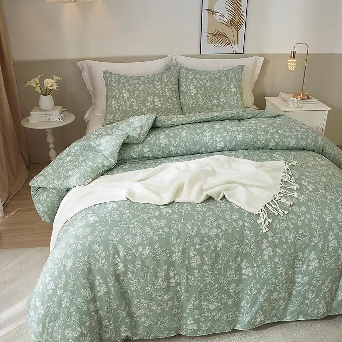 EAVD Girls Floral Duvet Cover Twin Sage Green Soft Cotton Chic Shabby Garden Floral Leaves Botanical Bedding Set with 2 Pillowcases Fresh Reversible Botanical Duvet Cover with Zipper Closure
