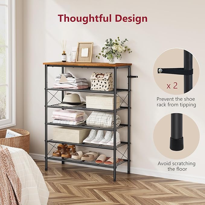 Tajsoon 6 Tier Free Standing Shoe Rack for 20-24 Pairs, X Shape Fixed Frame Metal Mesh Shoe Rack for Closet, Rustic Brown & Black