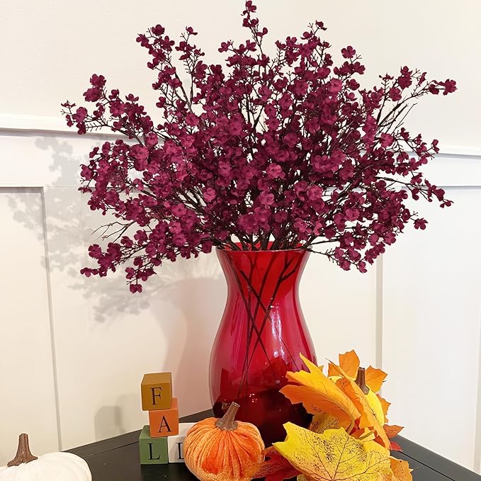 Yastouay Fake Fall Flowers Real Touch Silk Flowers, 10Pcs Fall Burgundy Artificial Flowers for Decorations, Babys Breath Artificial Flowers Bulk for Thanksgiving Fall Decor Floral Arrangement