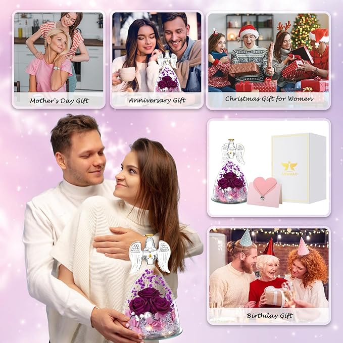 ANWEAO Christmas Flower Gifts for Mom,Angel Rose Gifts for Women,Glass Angel Figurine with Preserved Three Purple Roses,Forever Flowers Women Christmas Birthday Gifts for Mom Grandma Wife Her Friend