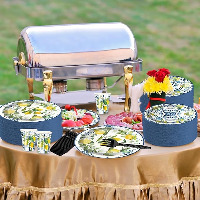 Amalfi Coast Plates and Napkins for Birthday Decorations Kit, Capri Lemon Tableware Supplies for Lemon Theme Summer Decor, Service 24 Guests