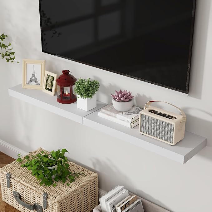 Axeman Floating Shelves, 2 Pack 8 Inch Deep Rustic Solid Wood Wall Shelves for Storage, Wall Mounted Display Shelving with Invisible Heavy-Duty Metal Bracket, 24" W x 8" D x 1.6" H, Distressed White