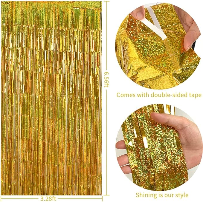 TONIFUL 3Pcs Laser Gold Door Streamers, Metallic Foil Fringe Curtains for Birthday, Christmas, New Year, Bachelorette, Graduation Parties (9.9ft x 6.6ft)